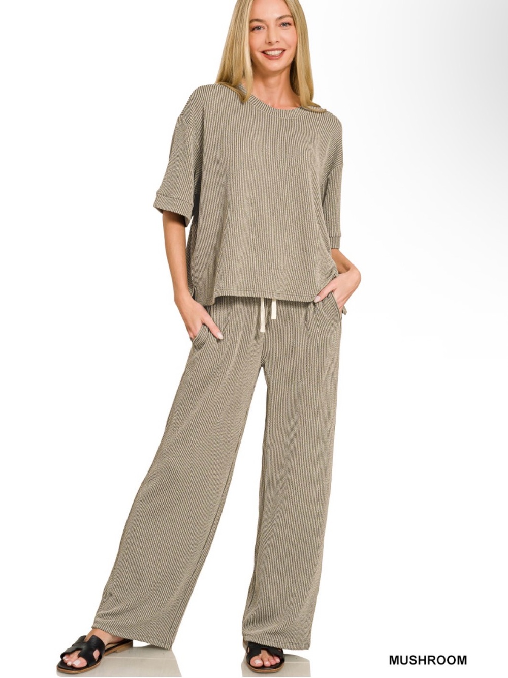 Mushroom Ribbed Knit Lounge Pants & Top Set - Relaxed Fit